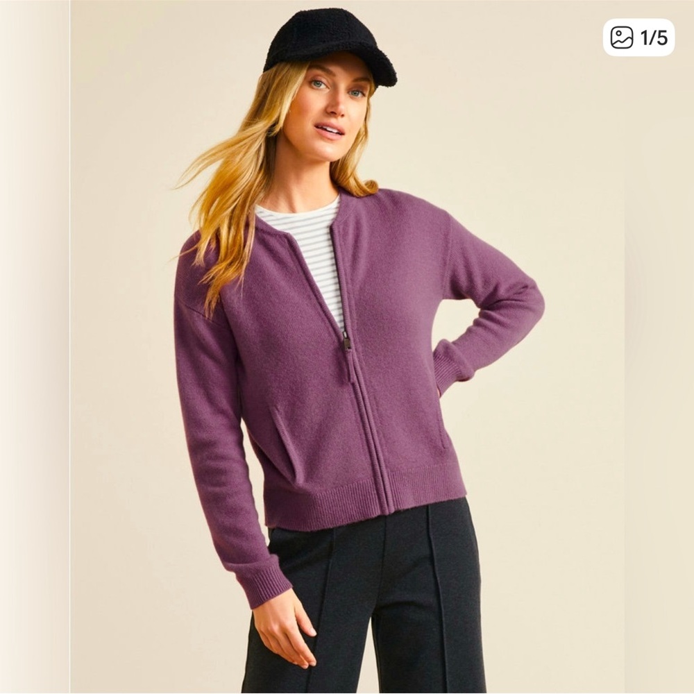 Garnet Hill Washable Cashmere Bomber in Plum women’s size large